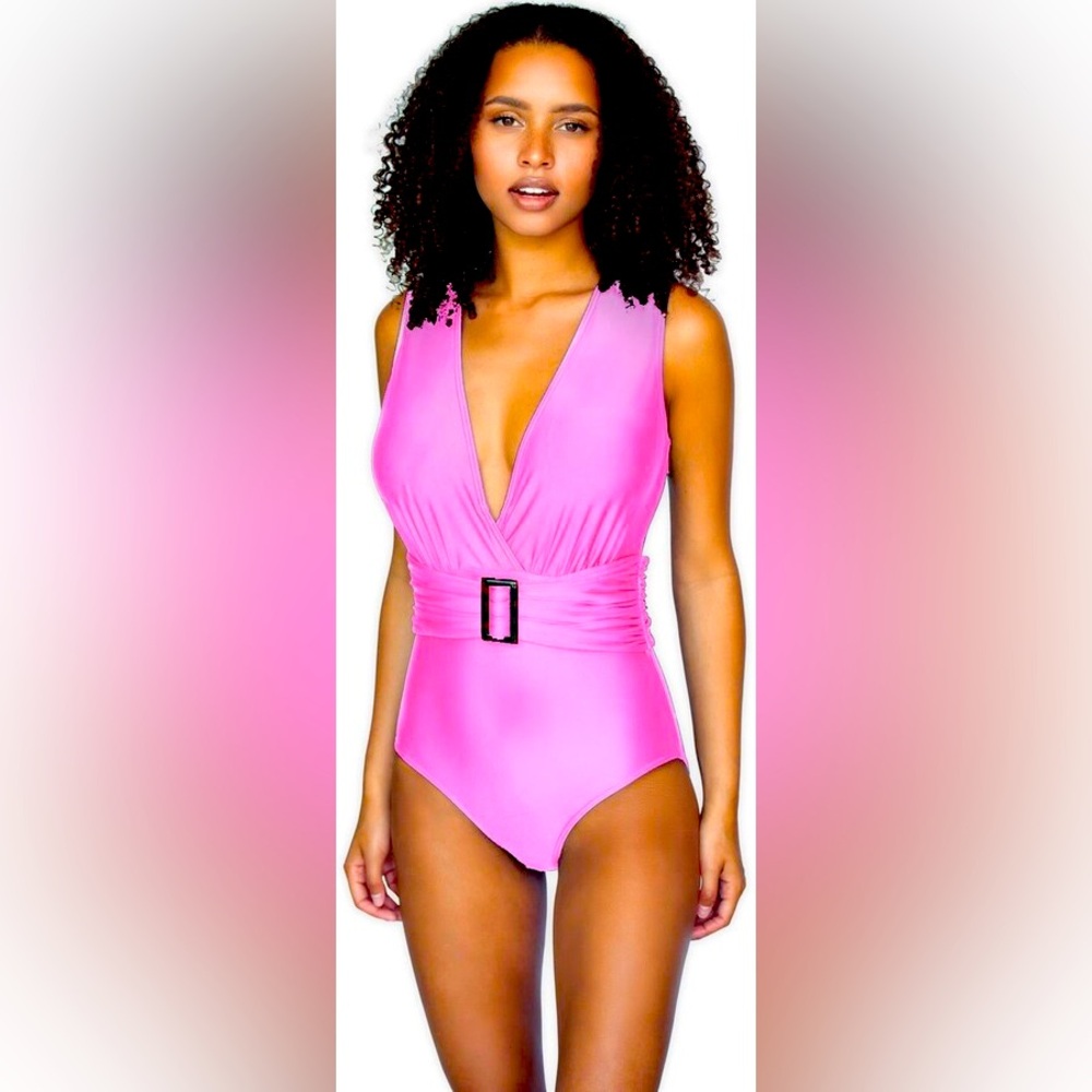 Lord & Taylor Ruched Front One Piece Hot Pink w/ Tortoise Shell Buckle belt NWT